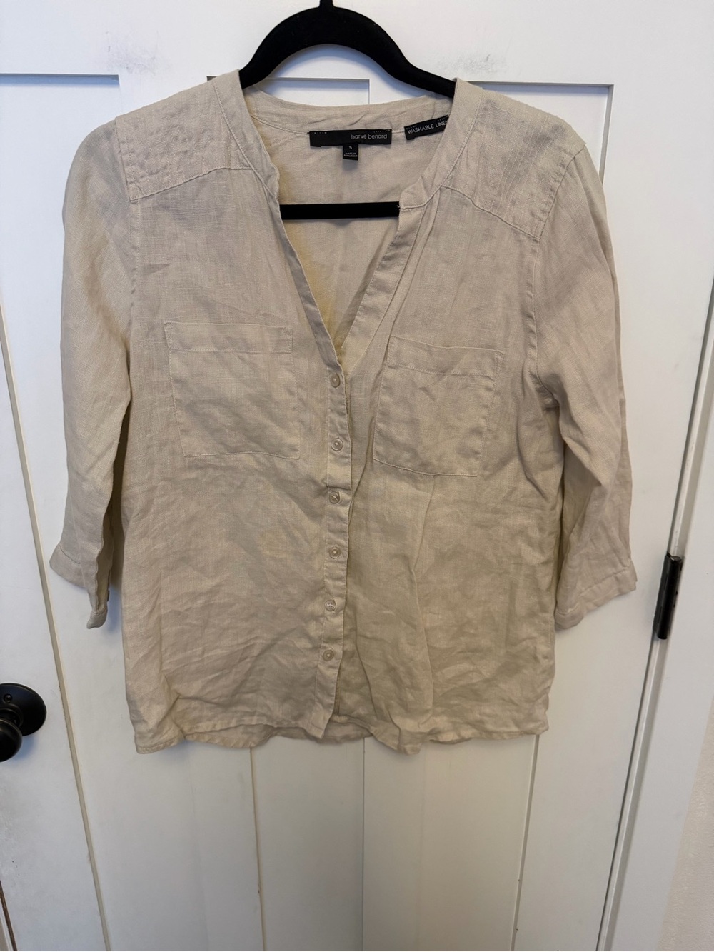 Harve Benard 100% Linen V-Neck Button Down 3/4 Sleeve Top Size S Neutral Tan